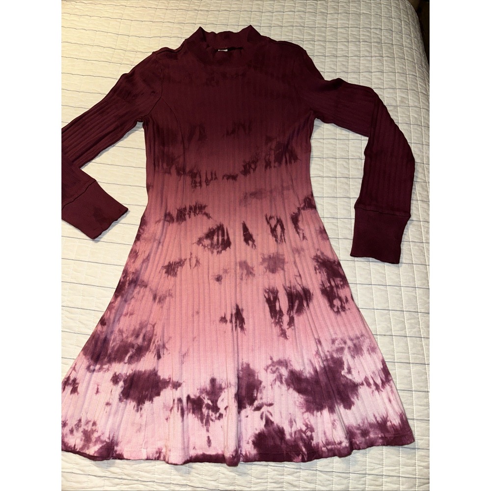 Justice Girls Tie Dye Ombre Ribbed Knit Dress Burgundy Pink Long Sleeve Size 12